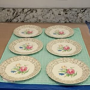 Elegant Floral Bread Plate Set (6) Vintage Gold Trim Cottagecore
